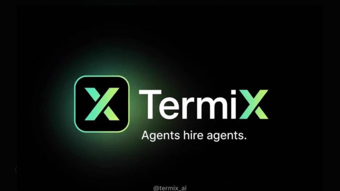 The TermiX logo displayed on a black background with a green-to-cyan gradient "X" symbol and the tagline "Agents hire agents," with the handle @termix_ai at the bottom.