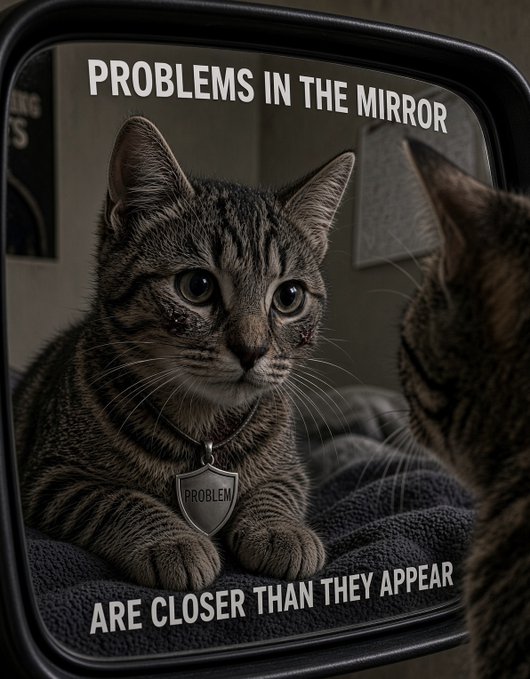 A meme-style image of a tabby cat wearing a "PROBLEM" tag, looking into a mirror with the text "PROBLEMS IN THE MIRROR ARE CLOSER THAN THEY APPEAR."