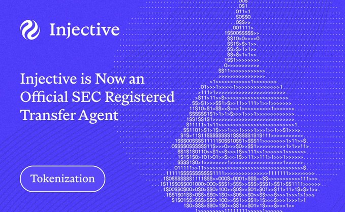 A promotional banner with a purple background states 'Injective is Now an Official SEC Registered Transfer Agent' alongside the Injective logo and a 'Tokenization' button.