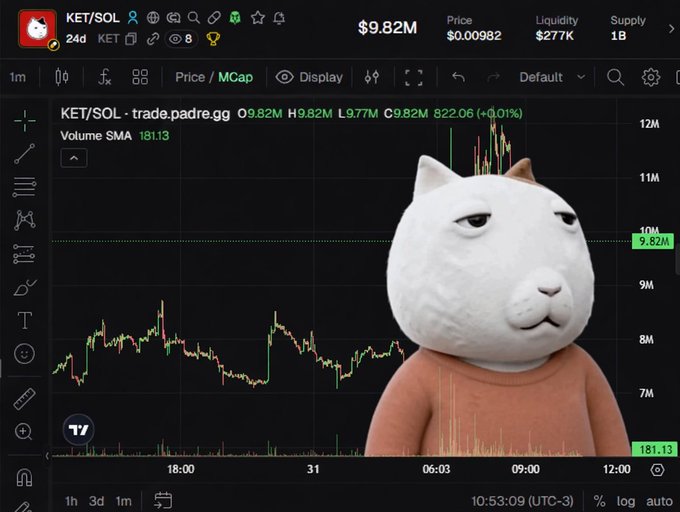 A trading chart for KET/SOL on trade.padre.gg showing a market cap of $9.82M, price of $0.00982, and a 3D cat character overlay on the right.