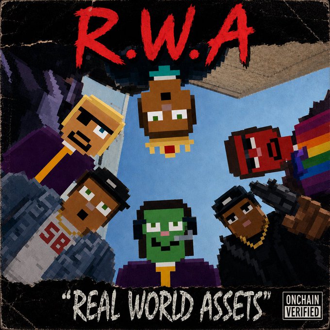 Album-style artwork titled 'R.W.A' with the subtitle 'REAL WORLD ASSETS' and an 'ONCHAIN VERIFIED' stamp, depicting Minecraft-style pixel characters looking upward.