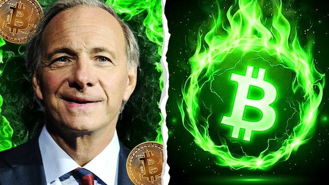 An image showing Ray Dalio alongside a flaming Bitcoin logo with green fire effects in the background.