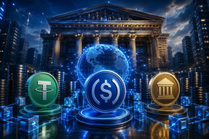 A digital illustration of a classical bank building with floating cryptocurrency coins (USDC, USD), stacks of coins, and a holographic globe representing digital finance.