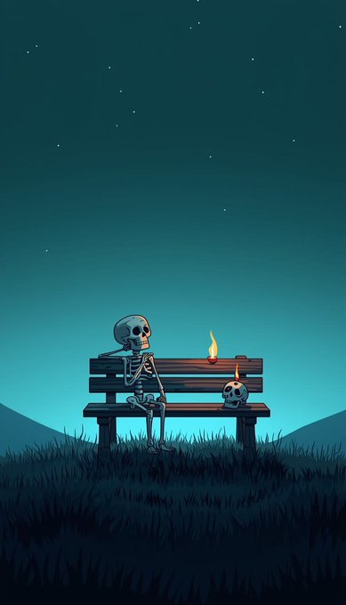A dark digital illustration of a skeleton sitting on a park bench at night under a starry sky, with two small flames burning on the bench beside it.