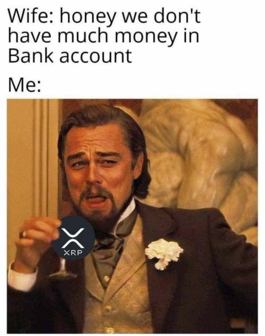 A meme featuring Leonardo DiCaprio holding a glass with the XRP logo, humorously depicting a response to his wife about low bank account funds. The text reads, "Wife: honey we don't have much money in Bank account Me:".