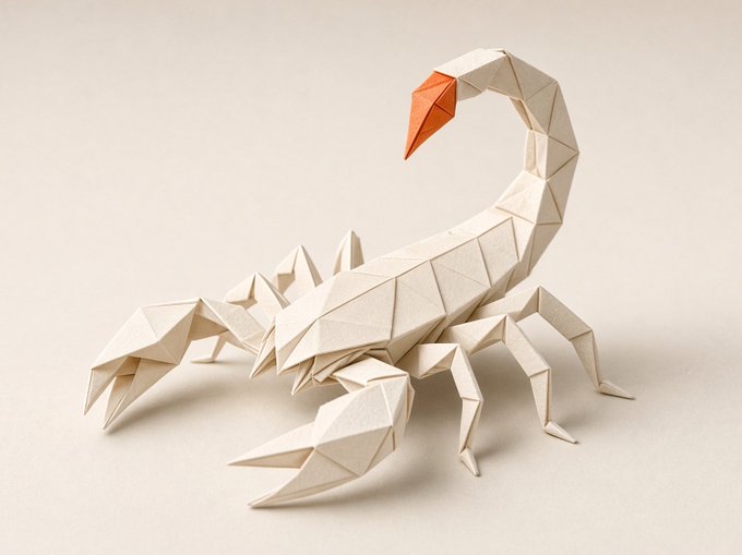 A low-poly origami-style scorpion with a white geometric body and an orange beak-like head rests on a plain beige surface.