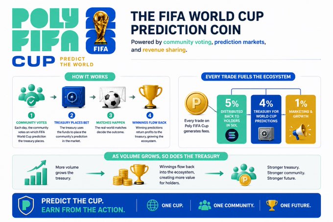 A poster promoting a FIFA World Cup coin that has just been released, featuring various graphics of soccer players and numbers along with infographics about community voting, Treasury predicting the value of the coin, and the future price trends for holders. The text on the poster highlights the idea that this coin will be used to raise funds for the FIFA World Cup. The post also suggests a live betting strategy to watch the coin's value rise as it gets closer to the FIFA World Cup.