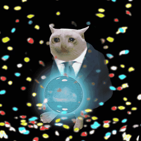 A cat in a suit holding a glowing blue orb, surrounded by floating colorful pieces, representing a CashCat token being listed on Robinhood as a "huge win" for the community.