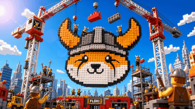 The image features a cartoon dog wearing a helmet, surrounded by construction cranes and workers. The scene takes place in an urban setting with buildings visible in the background. The caption reads "Heavy machinery. Heavy conviction. $FLOKI keeps building. 🏗️🛠️". This suggests that the image is related to a construction project or a cartoon depicting a cityscape, where the dog character represents a construction worker and the cranes symbolize heavy machinery used in urban development.