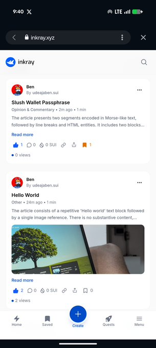 A mobile screenshot of the InKray.xyz website showing article posts titled 'Slush Wallet Passphrase' and 'Hello World' by user Ben (udealaben.sui).
