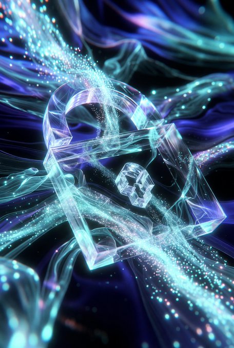 An abstract digital artwork featuring a translucent, glass-like geometric structure surrounded by flowing blue and cyan energy streams with sparkling particles.