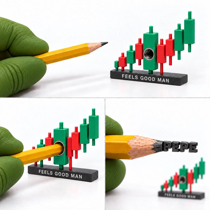 A collage showing a green hand using a pencil to sharpen it through a miniature pencil sharpener designed like a stock chart, with text 'FEELS GOOD MAN' on the base and 'PEPE' emerging from the pencil shavings.