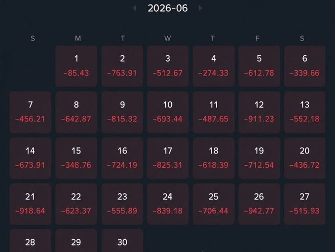 Dark-themed calendar for June 2026 displaying negative numerical values in red on every day, suggesting a daily loss tracker for cryptocurrency.