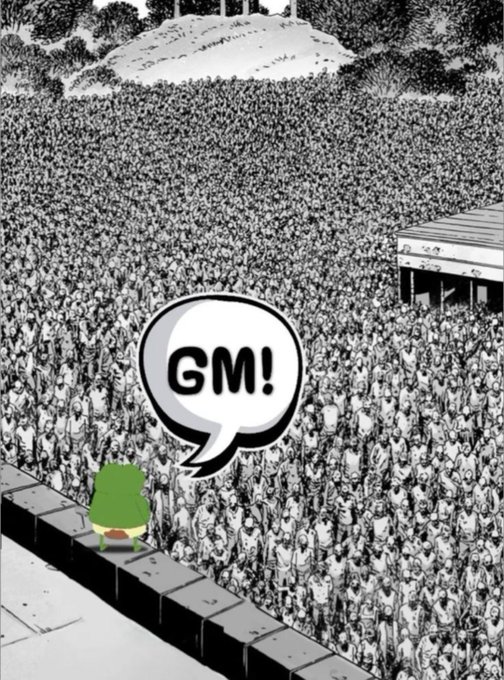 A manga-style illustration showing a small frog character on a ledge looking out at a massive crowd of people, with a speech bubble from the frog saying 'GM!'.