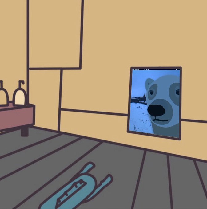 A cartoon-style image of a room where a person lies on the floor, facing a wall-mounted screen displaying a shocked-looking dog face (the 'dog meme').