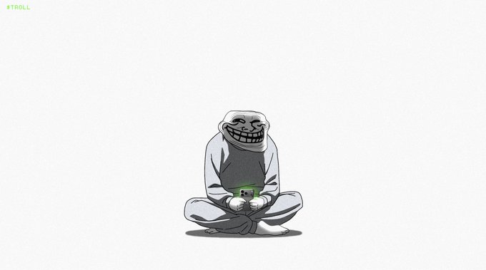 A minimalist grey and white illustration of a 'troll face' character sitting cross-legged and playing a small green video game console, with the text '#TROLL' in the top left corner.