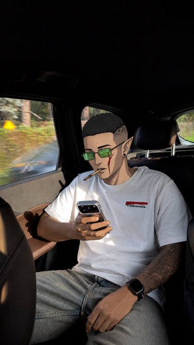 A stylized digital avatar wearing sunglasses and a white "Queens" t-shirt sits in a car looking at a phone, with what appears to be a small bleeding wound near the eye, fitting the edgy NFT rebrand theme.