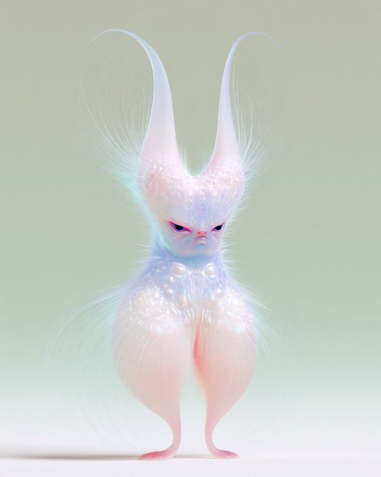 A 3D rendered fantasy creature with a pearlescent pink and blue body, large curved horn-like ears, and a grumpy facial expression.