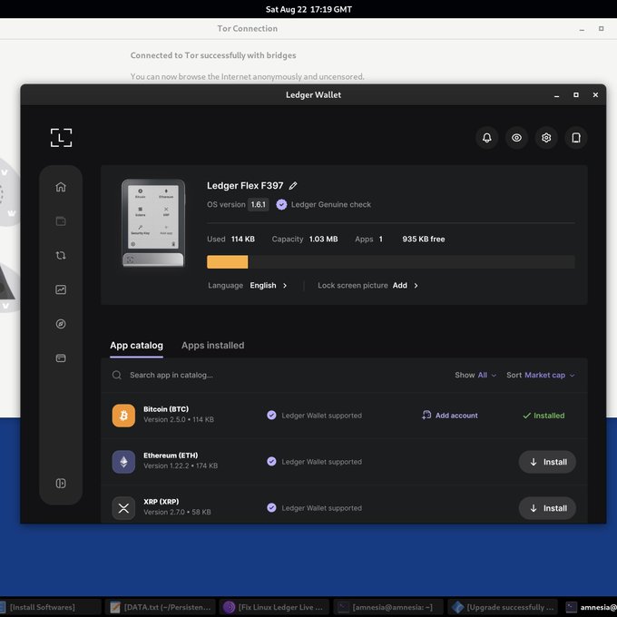 A screenshot of the Ledger Wallet desktop application connected through a Tor browser, displaying a Ledger Flex F397 device with installed Bitcoin, Ethereum, and XRP apps listed in the catalog.