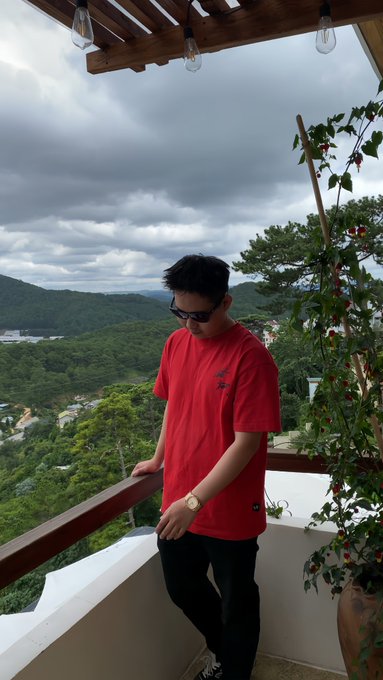 A young man in a red t-shirt and sunglasses leans on a balcony railing overlooking a lush, hilly landscape under a cloudy sky.