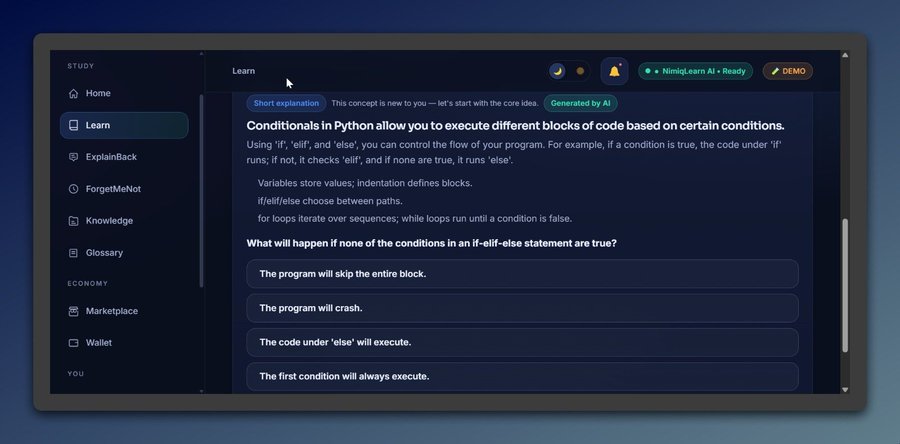 A dark-themed educational dashboard for "Nimiq Learn AI" displays a Python lesson on conditionals, featuring a short AI-generated explanation about `if`, `elif`, and `else` statements, followed by a multiple-choice question asking what happens when none of the conditions in an `if-elif-else` statement are true. The sidebar includes navigation options like Home, Learn, ExplainBack, ForgetMeNot, Knowledge, Glossary, Marketplace, and Wallet, while the post highlights that the app was built for a Nimiq hackathon to help learners understand and revisit missed misconceptions, which the image exemplifies through its interactive "ExplainBack" and learning-focused quiz format.