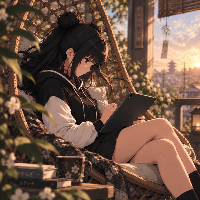 An anime-style illustration depicts a dark-haired girl in a black and white outfit sitting in a wicker chair and using a tablet, with a scenic sunset and pagoda in the background.