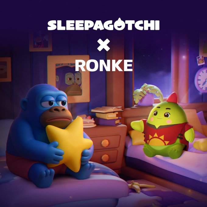 The image features two cartoon characters, a monkey holding a yellow star and another green monster sitting on a bed with white sheets. The text "@sleepagotchi" appears above them, and there are also some words related to the game " tokens".