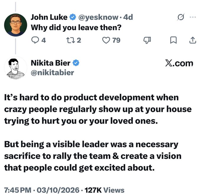 A tweet from John Luke (@yesknow) asks "Why did you leave then?" to which Nikita Bier (@nikitabier) responds explaining his departure was due to safety concerns, stating "It's hard to do product development when crazy people regularly show up at your house trying to hurt you or your loved ones," but that being a visible leader was a necessary sacrifice to rally the team. The exchange, posted 03/10/2026 with 127K views, relates to the accompanying post by highlighting the extreme real-world harassment that tech executives face over decisions on social media platforms.