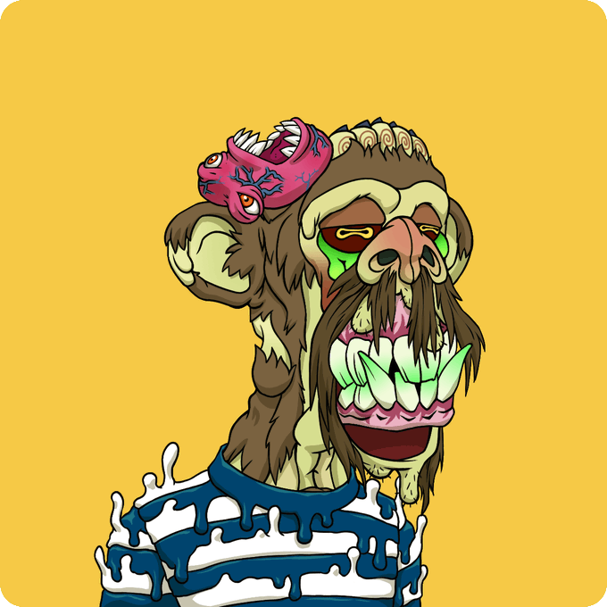 A colorful cartoon illustration of a grotesque, grinning monkey character with green teeth, a pink flower on its head, and a blue and white collar, set against a yellow background.