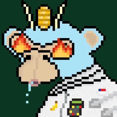 A pixel art illustration of a blue bear-like character with flames in its eyes, wearing a spacesuit and a gold crown-like antenna.