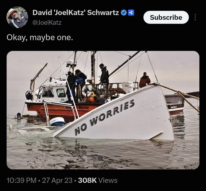 A fishing boat with "NO WORRIES" written on its bow is sinking in the water, shared by user @JoelKatz with the caption "Okay, maybe one." The image humorously illustrates the post about "No More Worries #XRP," as the sinking boat ironically suggests the opposite of the carefree sentiment.