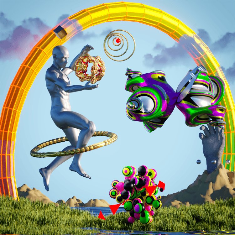 The image features a man wearing a silver suit, holding a hula hoop with a gold ring inside of it. The man appears to be jumping into the air while holding the hula hoop. There are also several colorful balloons scattered around the scene. The image is related to the post "Treated myself to another stunner from this mind expanding series I have just collected #chapter XI: Essence" by @lukas_trips, which suggests that the man in the image might be participating in a fun and exciting activity involving hula hoops or other party games.