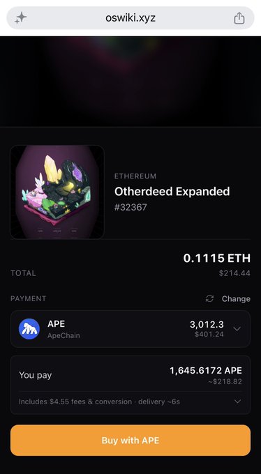A mobile checkout screen on oswiki.xyz shows the purchase of an Ethereum NFT called 'Otherdeed Expanded' (#32367) for 0.1115 ETH, paid with 1,645.6172 APE tokens.