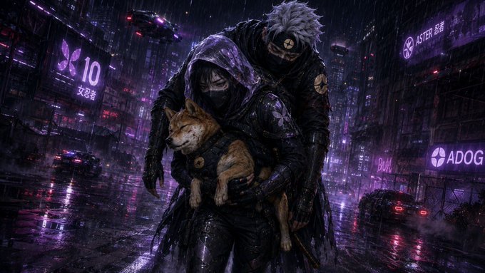 A hooded figure wearing an ASTER mask carries a Shiba Inu and stands alongside a masked companion in a rain-soaked, neon-lit cyberpunk street, with signs reading "ASTER 10", "ASTER 存款" (deposit), "ASTER 加速" (acceleration), "ADOG", and "BABY" in the background—tying into the post's tease of an "Episode 5" drop and the #ASTER "Coded" theme.