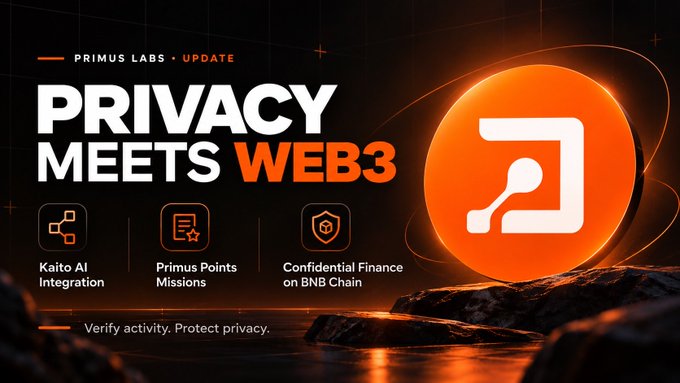 A promotional graphic with the text 'PRIMUS LABS UPDATE', 'PRIVACY MEETS WEB3', featuring 'Kaito AI Integration', 'Primus Points Missions', and 'Confidential Finance on BNB Chain'.
