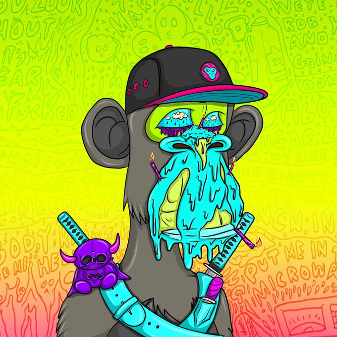 A colorful digital illustration features a gray monkey-like character with dripping blue tears, wearing a black and pink baseball cap, with a small purple devil figure perched on its shoulder against a bright neon yellow background with doodles.