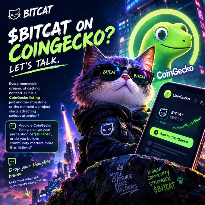 Promotional graphic for $BITCAT memecoin on CoinGecko featuring an anthropomorphic cat wearing sunglasses labeled 'BITCAT', asking '$BITCAT ON COINGECKO? LET'S TALK.'