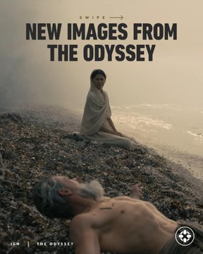 Instagram carousel teaser reading 'NEW IMAGES FROM THE ODYSSEY' with a moody scene of figures on a foggy beach.