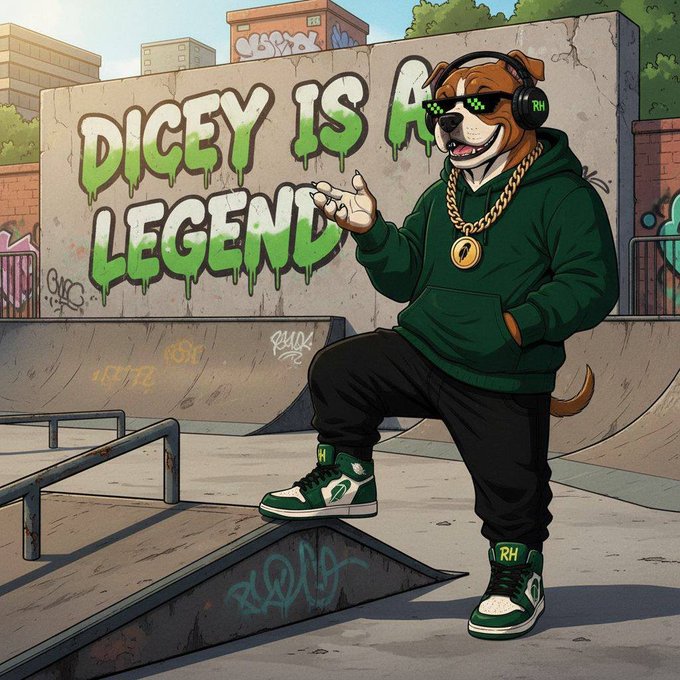 A cartoon dog character wearing pixelated sunglasses, headphones, a green hoodie, gold chain, and green sneakers poses confidently at a skatepark with graffiti reading 'DICEY IS A LEGEND' on the wall behind it.