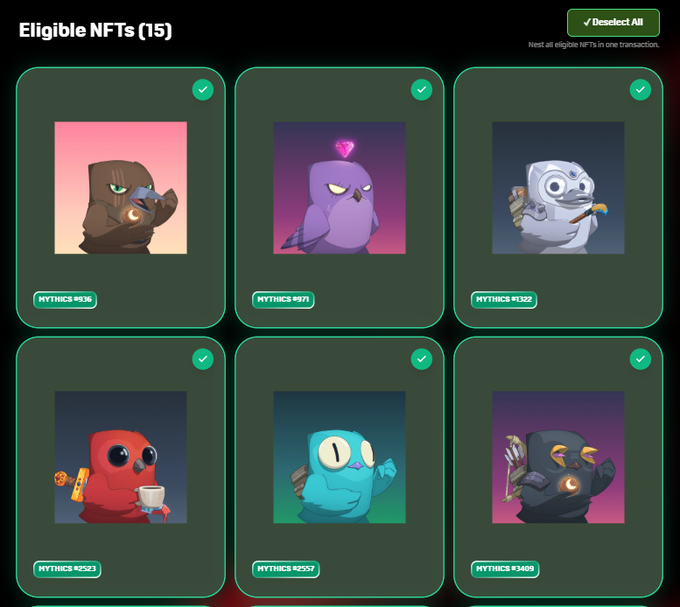 A user interface displaying six eligible Mythics NFTs, all checked, featuring various cartoon bird characters with different items like coffee cups, game controllers, and hearts.