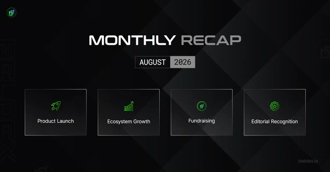 A dark-themed 'MONTHLY RECAP AUGUST 2026' presentation slide features four categories: Product Launch, Ecosystem Growth, Fundraising, and Editorial Recognition.