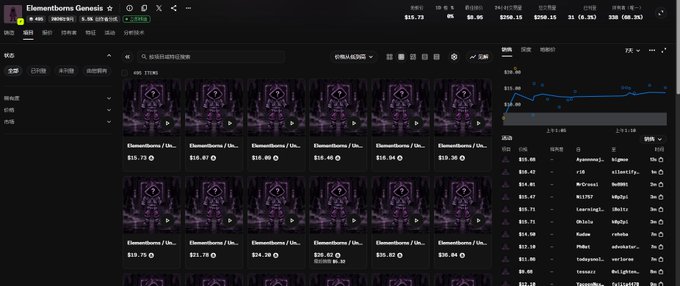 A screenshot of an OpenSea collection page for "ElementalBorn Genesis" shows a grid of purple-themed NFT thumbnails priced mostly between $14 and $16, with the floor price displayed as $15.72 in the top right. The post advises users to quickly sell their white-variant Elemental Born Genesis NFTs, referencing the OpenSea collection shown in the screenshot.