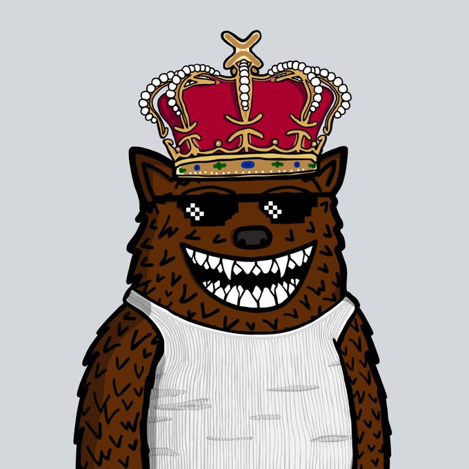 A cartoon brown bear-like creature wearing pixelated "thug life" sunglasses, a white tank top, and an ornate jeweled crown sits against a gray background, grinning with sharp teeth—perfectly matching the described $FUZZY NFT character with its signature "thug life glasses, wife beater, and a crown."