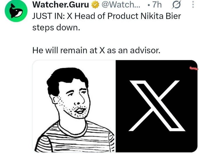A tweet from Watcher.Guru (@Watch...) stating 'JUST IN: X Head of Product Nikita Bier steps down. He will remain at X as an advisor.' with a black and white illustration of a man next to the X logo.