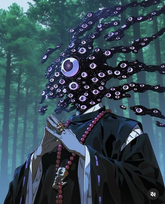 An anime-style illustration of a Buddhist monk in black robes with prayer beads, whose head is replaced by a mass of purple eyes on tentacles floating in a forest.