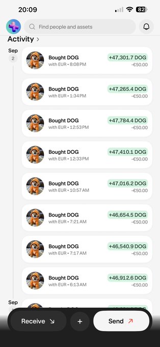A mobile app screenshot showing multiple 'Bought DOG' transactions with EUR amounts and DOG quantities (around +47,000 DOG each for €50) listed chronologically on September 2.