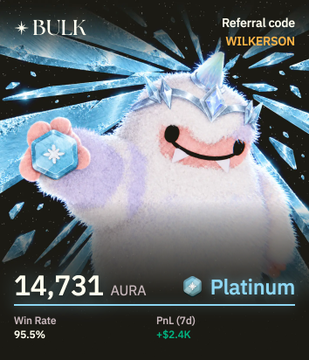 A fluffy white Yeti avatar for "BULK" displays 14,731 AURA at Platinum status with a 95.5% win rate and +$2.4K 7-day PnL, referencing "WILKERSON." The creature's icy, crystallized design and snowflake accessories visually reinforce the playful "snowballing AURA points" message tied to the "2027 stimmies" post.