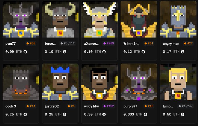 A screenshot displays a collection of pixelated NFT avatars with various usernames and prices listed in ETH, including 'pvm77', 'torso..', 'xXance..', 'cook 3', 'justi 202', 'wildy btw', and 'angry man'.