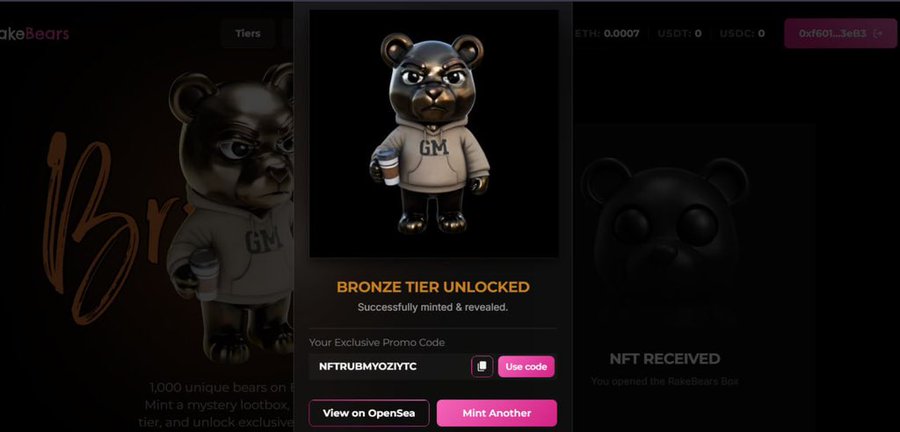A screenshot shows a 'BRONZE TIER UNLOCKED' NFT mint success page featuring a 3D bear character in a hoodie holding a coffee cup, with a promo code 'NFTRUBMYOZIYTC' and links to view on OpenSea.