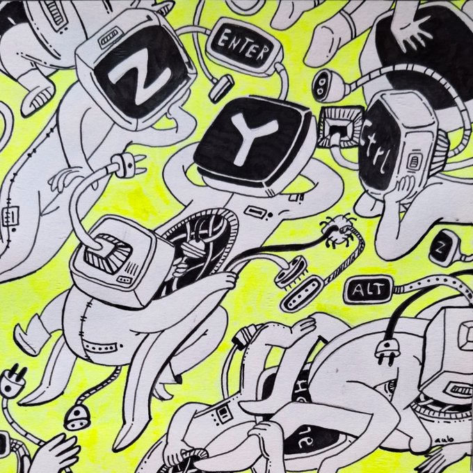 A chaotic black-and-white illustration with bright yellow accents depicts tangled humanoid figures whose bodies are fused with computer keyboards, featuring visible keys like "ENTER," "ALT," "N," "Y," and "CTRL." The frenetic, circuit-like composition of bodies and cables visually echoes the energetic, digital-art theme of "QT your Art on Secondary #TEZOSTUESDAY," suggesting creativity and connectivity in the online art space.